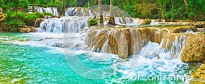 Tat Sae Waterfalls. Beautiful landscape, Laos. Panorama Stock Photo