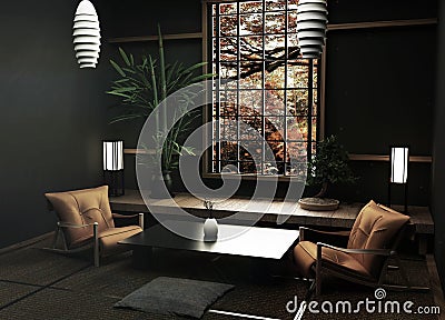 Mock up Tatami mats and window view forest trees on room japanese zen style.3D rendering Stock Photo