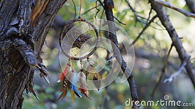 A tattered dreamcatcher hanging from a gnarled tree branch its colorful feathers dancing in the wind. Stock Photo