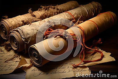Tattered old scrolls preserve the wisdom of generations past Stock Photo