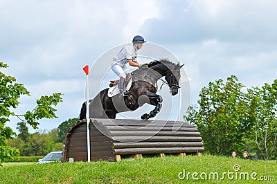 Tattersalls horse show in Ireland, black horse jumping over obstacle with male rider, jockey Editorial Stock Photo