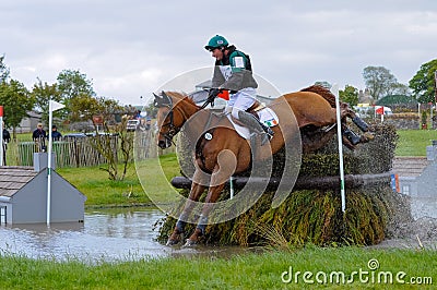 Tattersalls horse show in Ireland, chestnut horse jumping over obstacle in water with male rider, jockey rushing forward Editorial Stock Photo