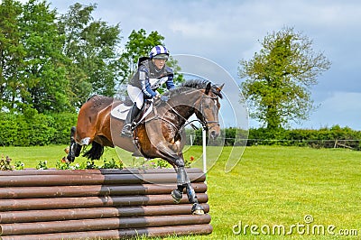 Tattersalls horse show in Ireland, dark brownhorse jumping over obstacle with male rider, jockey Editorial Stock Photo