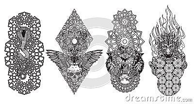 Tattoo art animal snake bird tiger and dragon hand drawing and sketch black and white Vector Illustration