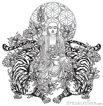 Tattoo art buddha china design on lotus and tiger hand drawing and sketch Stock Photo