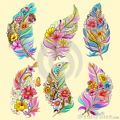 Tattoo art design of Floral Feather collection Vector Illustration