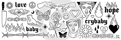 Tattoo art 1990s, 2000s. Y2k stickers. Butterfly, barbed wire, fire, flame, chain, heart. Vector Illustration