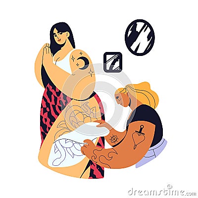 Tattoo artist and woman client. Ink body art master putting of film from girl leg, hip. Modern fashion tattooist works Vector Illustration