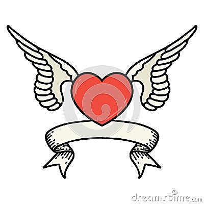 tattoo with banner of a heart with wings Vector Illustration