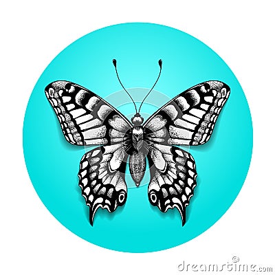 Tattoo beautiful butterfly for your shoulder. Realistic butterfly in blue circle. Black and white tattoo. Vector Illustration