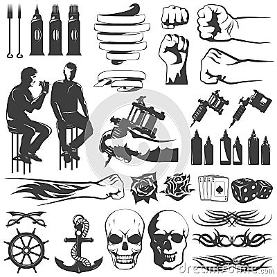 Tattoo Black White Icons Set Vector Illustration