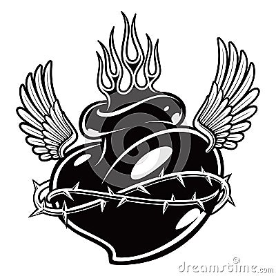 Tattoo chicano heart with flames monochrome version Stock Photo