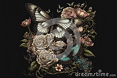 Tattoo design with flowers butterfly, digital illustration painting artwork Cartoon Illustration
