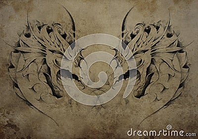 Tattoo dragons over vintage paper, black tribal tattoos Stock Photo