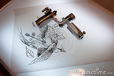 Tattoo equipment and scetch Stock Photo