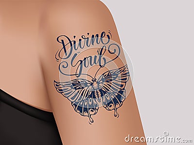 Tattoo on female shoulder. Mystic butterfly tattoo with lettering Divine Soul. Vector Illustration