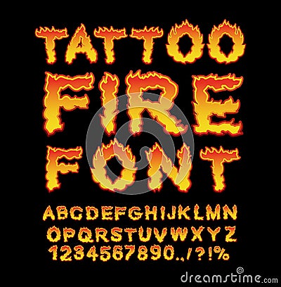 Tattoo Fire font. Flame Alphabet. Fiery letters. Burning ABC. Ho Vector Illustration