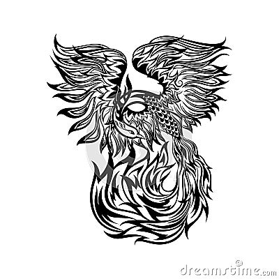 Tattoo with flaming phoenix in doodle tribal style. hand drawn stylized illustration. phoenix flight, original artwork Vector Illustration