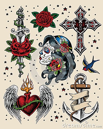 Tattoo Flash Illustration Set Vector Illustration