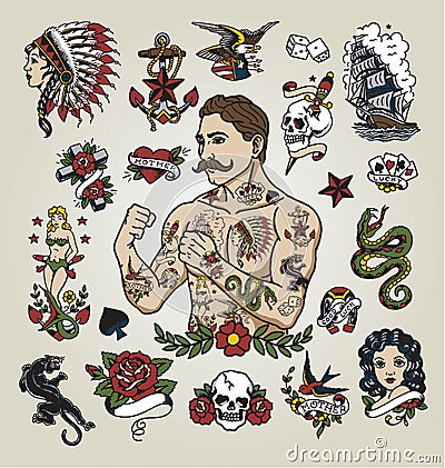 Tattoo flash set. tattoo hipster man and various tattoo images. Vector Illustration