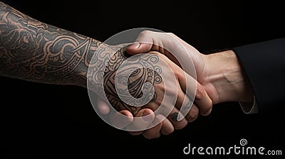 Tattoo Handshake two businessmen signifies successful agreement Black Background. Generative AI Stock Photo