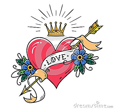 Tattoo heart pierced by gold arrow with ribbon , flowers and radiant gold crown. Old school tattoo. Vector Illustration