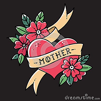 Tattoo heart with ribbon, flowers and word mother. Old school retro vector illustration on balck background Vector Illustration