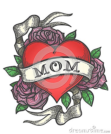 Tattoo Heart in Rose flowers with Ribbon Cartoon Illustration