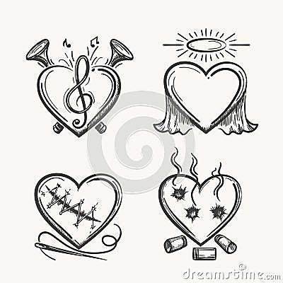 Tattoo hearts. Hand drawn heart icons vector illustration. Angel of music, needle and bullets isolated on white Vector Illustration