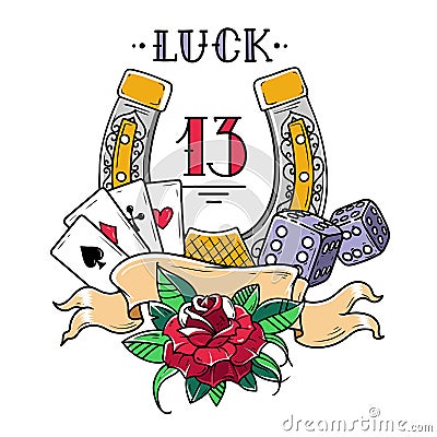 Tattoo horseshoe with playing cards, dice, rose and fatal number 13. Good Luck tattoo. Symbol of luck in gambling Vector Illustration