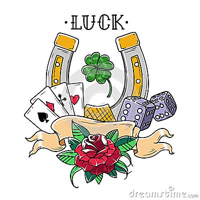 Tattoo horseshoe with playing cards, dice, rose and shamrock clover. Good Luck tattoo. Symbol of luck in gambling Vector Illustration