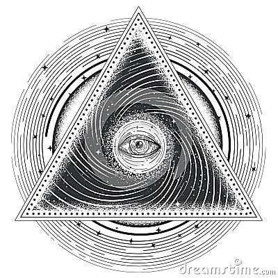 tattoo illustration abstract sacred geometry with an all-seeing eye. Cartoon Illustration