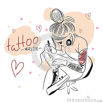 Tattoo master, handwritten phrase, outline drawing, graphics, make tattoos Vector Illustration