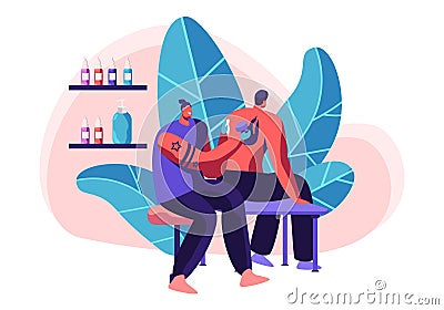 Tattoo Master Make Ink Picture to Man in Parlor. Professional Tattooist Hold Machine in Hand at Work. Human Sit Chair in Studio Vector Illustration