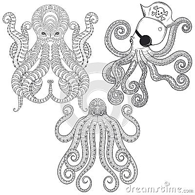 Tattoo Octopus set. Hand drawn zentangle tribal Octopuses for ad Vector Illustration