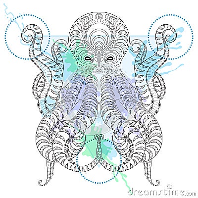 Tattoo Octopus. Zentangle stylized Hand drawn tribal Octopus in Vector Illustration