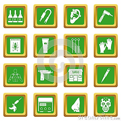 Tattoo parlor icons set green Vector Illustration