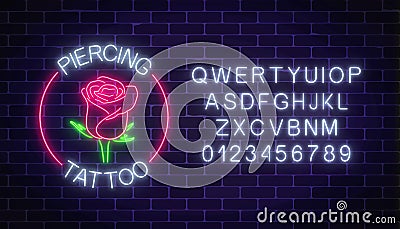 Tattoo and piercing parlor glowing neon signboard with rose emblem and alphabet. Flower symbol in circle frame Vector Illustration