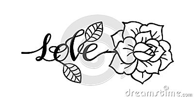 Tattoo Rose flower.Tattoo, mystic symbol with word Love Vector Illustration