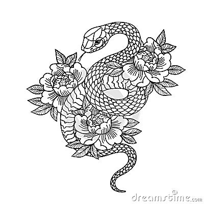 Tattoo with rose and snake with sacred geometry frame. Vector Illustration