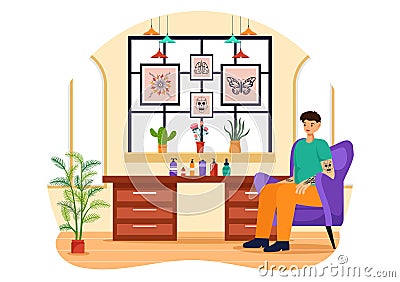 Tattoo Salon Vector Illustration of Tattooist from Designing, Drawing to Tattooing with Needle Machine and Ink Art in Flat Cartoon Vector Illustration