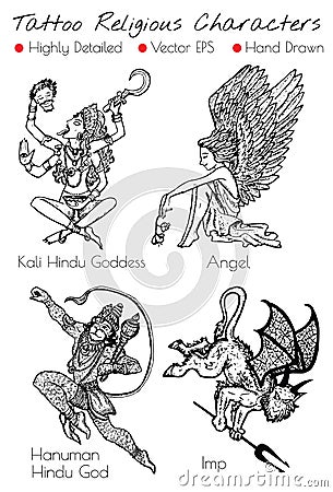 Tattoo set with hand drawn religious characters Vector Illustration