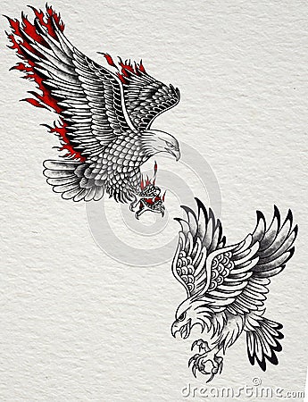 Tattoo Sketch Of Eagle In Fire Cartoon Illustration