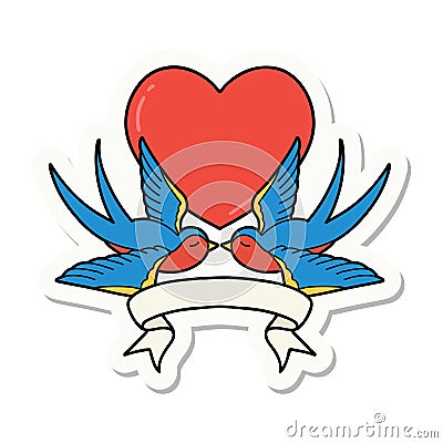 tattoo sticker with banner of a swallows and a heart Vector Illustration