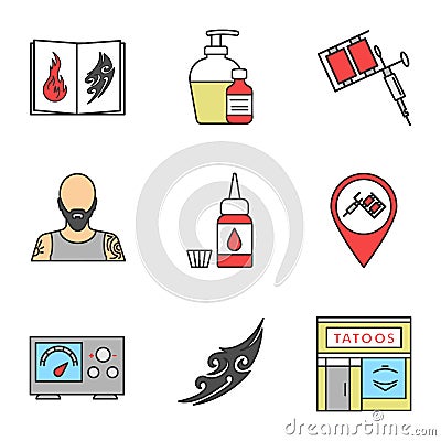 Tattoo studio color icons set Vector Illustration