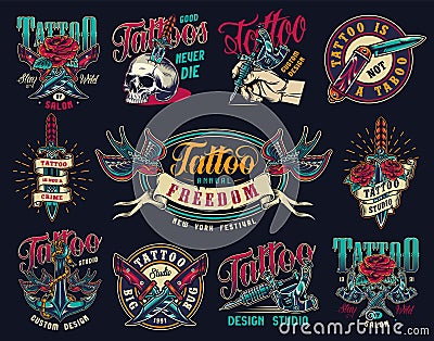 Tattoo studio colorful vintage badges Vector Illustration