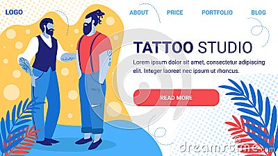 Tattoo Studio Horizontal Banner. Bearded Hipster Vector Illustration