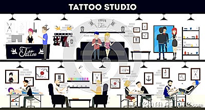 Tattoo studio interior design, tattoo masters and customers. Vector Illustration