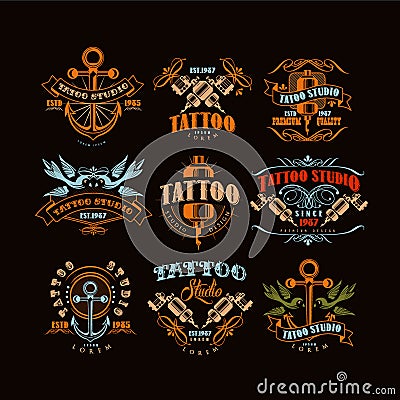 Tattoo studio logo design set, retro styled emblems with professional equipment and tattoo elements vector Illustrations Vector Illustration