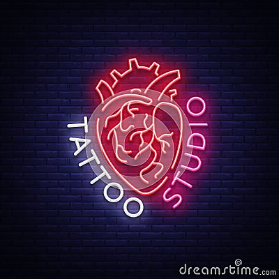 Tattoo studio logo, neon sign, symbol of human heart, bright billboards, night banner, neon bright advertising on Vector Illustration